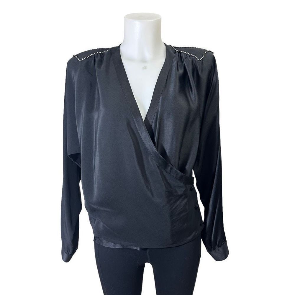 ROBERT HAIK Vintage Black 100% Silk Surplice Embellished Blouse size 38 / Medium